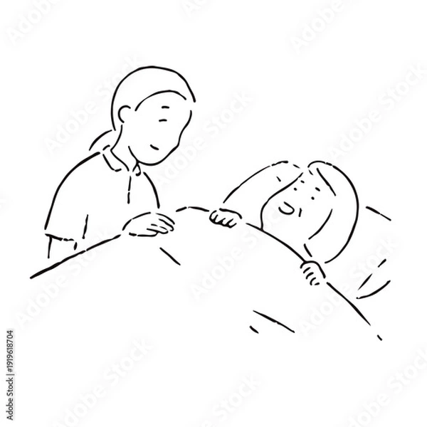 Obraz 手描きの就寝する高齢者を見守る介護士_白黒