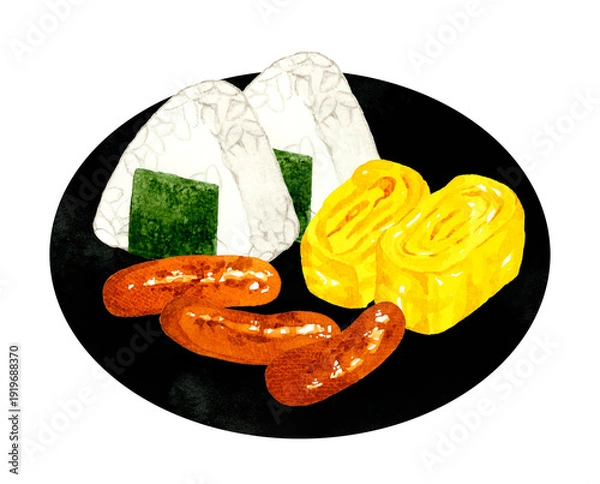 Obraz おにぎり・卵焼き・ウインナーのセット　手描き水彩イラスト素材