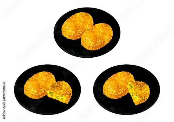 Obraz お皿に盛り付けたかぼちゃコロッケのセット　料理・食べ物の手描き水彩イラスト素材
