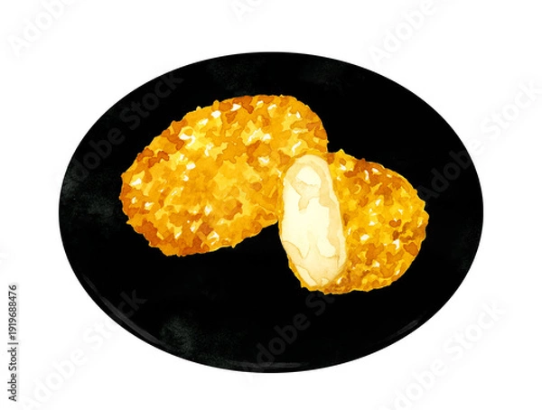 Obraz お皿に盛り付けたかにクリームコロッケ　料理・食べ物の手描き水彩イラスト素材