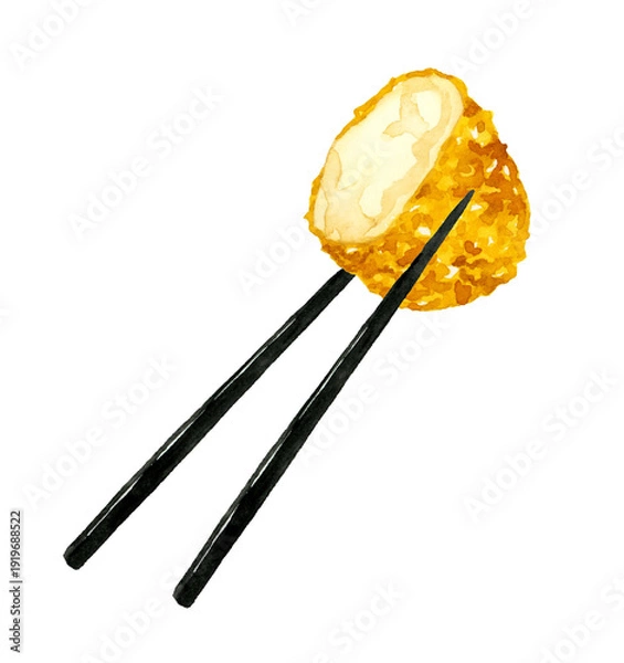 Obraz お箸で持ったかにクリームコロッケ　料理・食べ物の手描き水彩イラスト素材