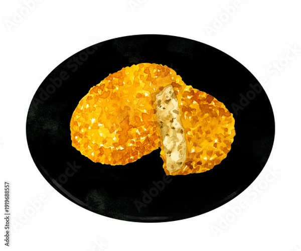 Obraz お皿に盛り付けたコロッケ　料理・食べ物の手描き水彩イラスト素材