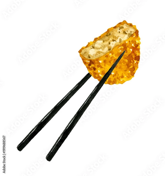 Obraz お箸で持ったコロッケ　料理・食べ物の手描き水彩イラスト素材