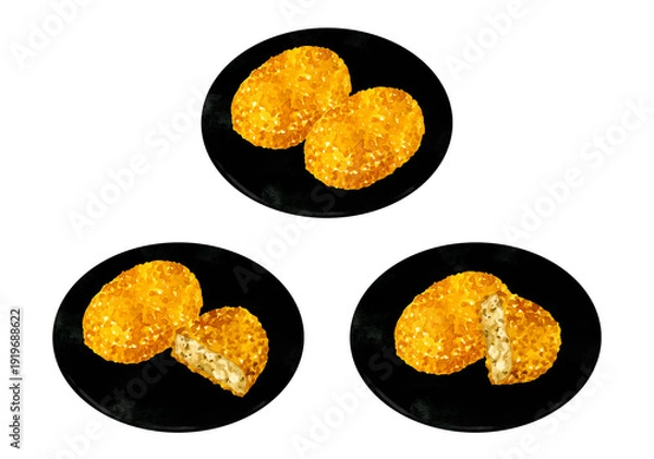 Fototapeta お皿に盛り付けたコロッケのセット　料理・食べ物の手描き水彩イラスト素材