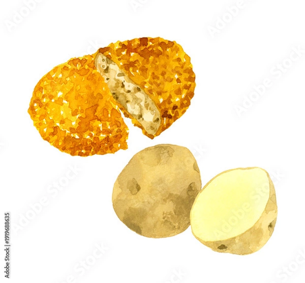 Obraz コロッケとじゃがいものセット　料理・食べ物の手描き水彩イラスト素材