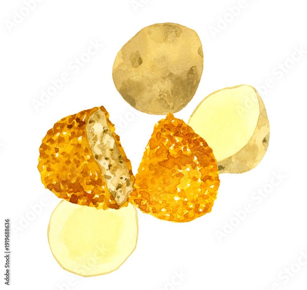 Obraz コロッケとじゃがいものセット　料理・食べ物の手描き水彩イラスト素材