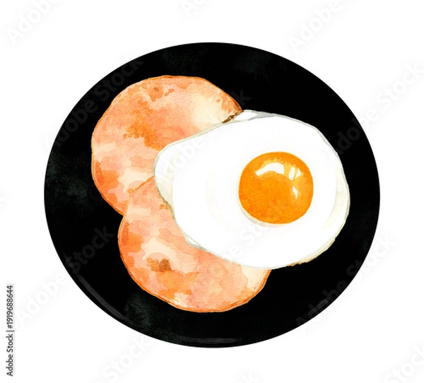 Obraz お皿に盛り付けたハムエッグ（目玉焼き）　卵料理の手描き水彩イラスト素材