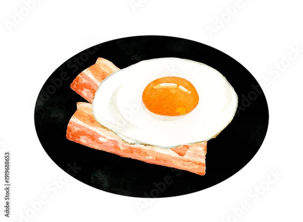 Obraz お皿に盛り付けたベーコンエッグ（目玉焼き）　卵料理の手描き水彩イラスト素材