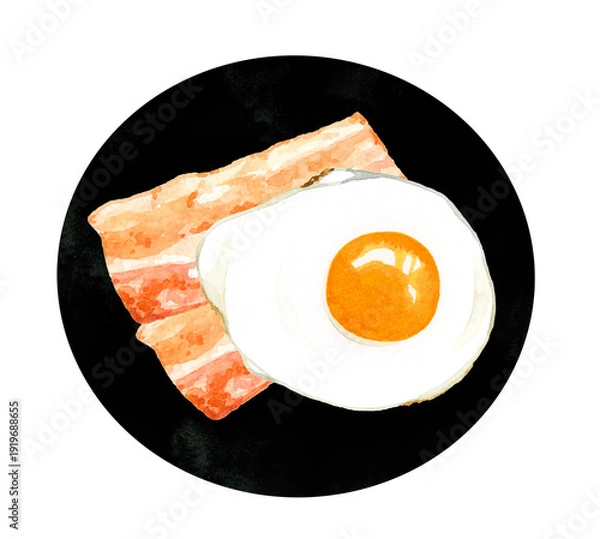 Obraz お皿に盛り付けたベーコンエッグ（目玉焼き）　卵料理の手描き水彩イラスト素材