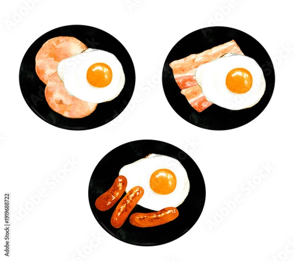 Obraz お皿に盛り付けた目玉焼きのセット　卵料理の手描き水彩イラスト素材