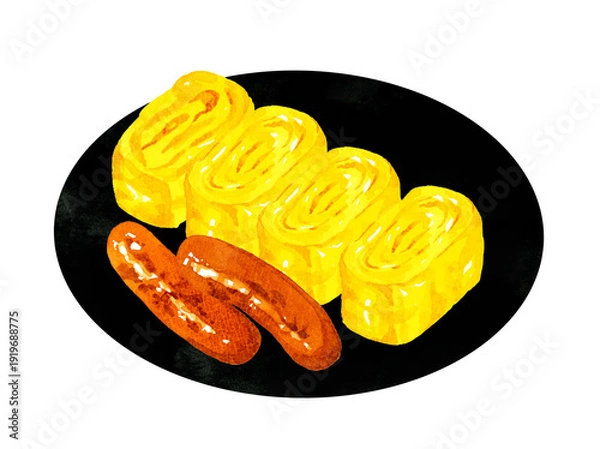 Obraz お皿に盛り付けた卵焼きと焼きウインナー　料理の手描き水彩イラスト素材