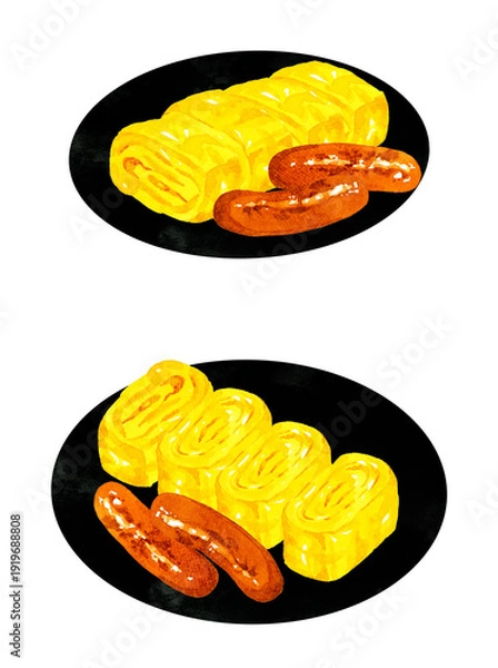 Obraz お皿に盛り付けた卵焼きと焼きウインナー　料理の手描き水彩イラスト素材