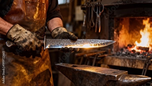 Obraz 新しく鍛えた刃を確認する鍛冶屋のフォトリアル写真