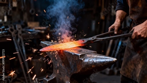 Obraz 火花が舞う中で鉄を鍛える鍛冶屋のフォトリアル写真