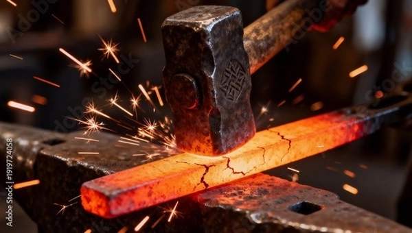 Obraz 発光する金属を打つハンマーのクローズアップ写真