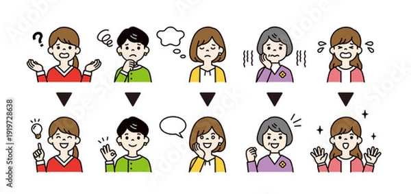 Obraz 元気になる・改善する・解決する、様々な年代の女性のカラフルな上半身ベクターイラスト素材セット