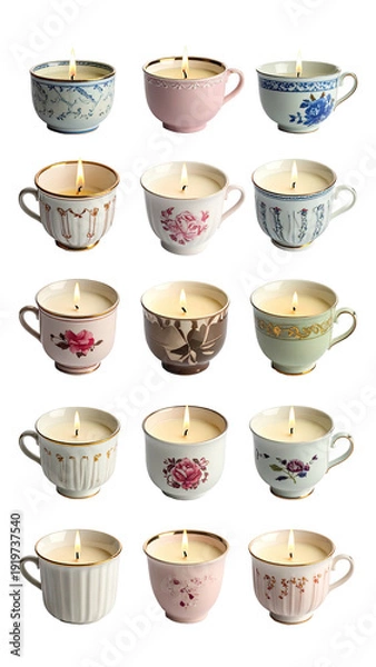 Fototapeta Lit candles in decorated teacups, arrayed vertically