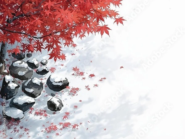 Obraz 紅葉と積もる雪