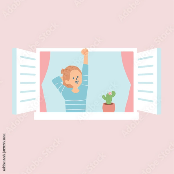 Obraz 窓を開けて深呼吸する女性のイラスト