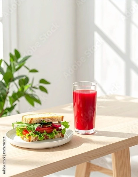 Obraz 淡い木製テーブルの上に、赤いベリージュースのグラスとフレッシュ野菜のオープンサンドを配置した、ミニマルな夏のカフェシーン。
背景にはオフホワイトの壁と窓辺の柔らかなグリーンが広がり、軽やかな空気感を演出します。