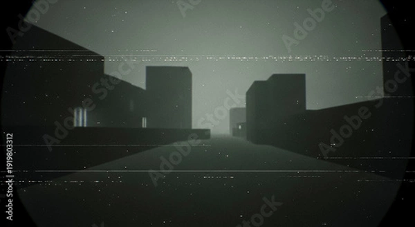Obraz 監視映像風の霧に包まれた無人都市 夜の都市伝説ホラー背景