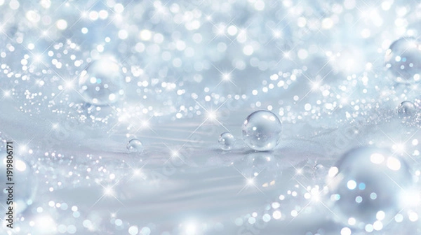 Obraz シルバーホワイトに輝く光の粒子とクリスタルボールの幻想的なステージ背景素材
