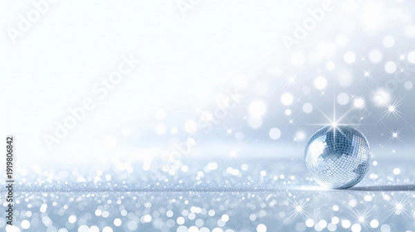 Obraz シルバーホワイトに輝く光の粒子とクリスタルボールの幻想的なステージ背景素材