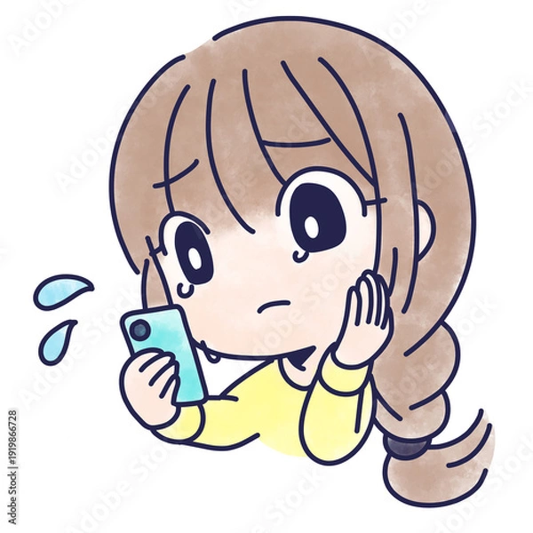 Fototapeta スマホを見て悲しむ女性のイラスト