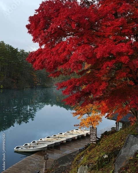Obraz 福島県美しいび毘沙門沼秋の風景