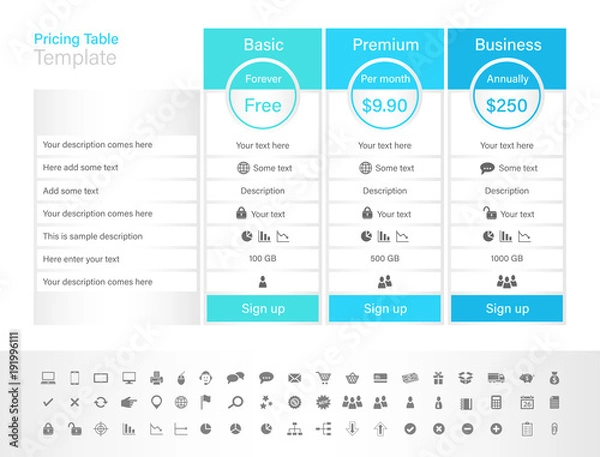 Fototapeta Pricing table with 3 plans and place for description. Blue header colour scheme.