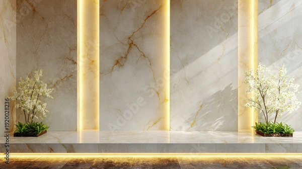 Obraz Marble Wall with Vertical Light Strips and Potted Trees