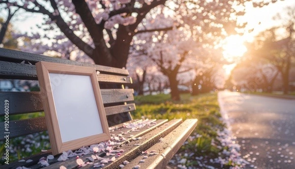 Obraz 夕陽に染まる桜並木の道と公園のベンチに置かれた空白のフォトフレーム