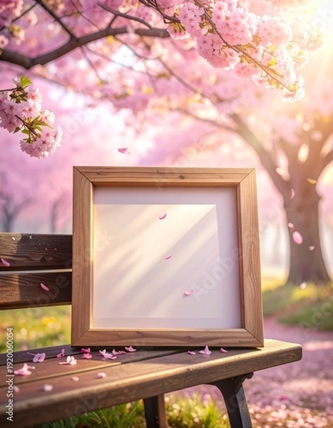 Obraz 桜咲く公園のベンチに置かれた木製フォトフレームの縦位置モックアップ