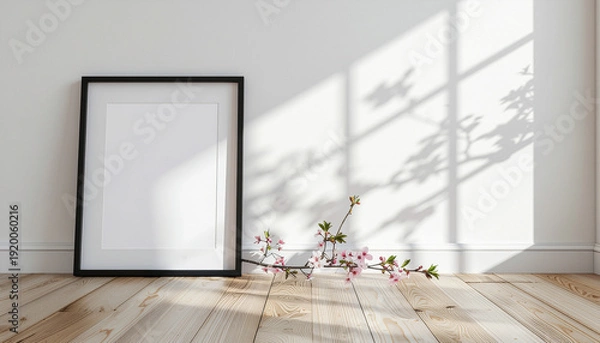 Obraz 白い壁に映る木の枝の影とフローリングに置かれたポスターフレームのモックアップ