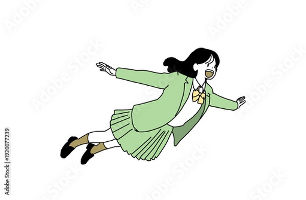 Obraz 空を飛ぶ女子学生のイラスト　未来への飛躍と自由　手書きベクター素材