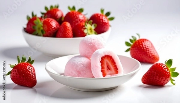 Obraz 白い皿の上のイチゴ大福