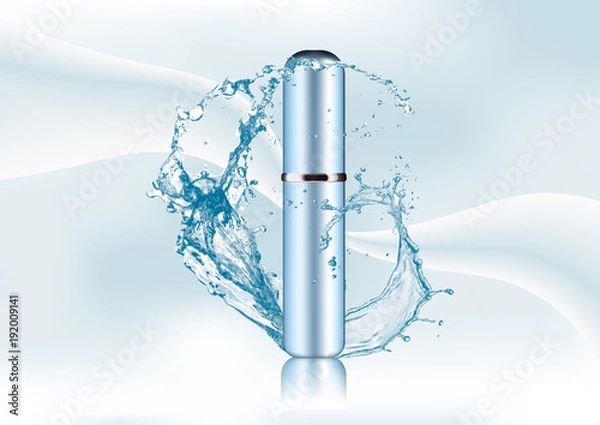 Fototapeta Advertising page of the magazine. Splash of water,empty realistic blue metallic package for cosmetic products tube,perfume flacon on an abstract stylish gradient background. Vector illustration.