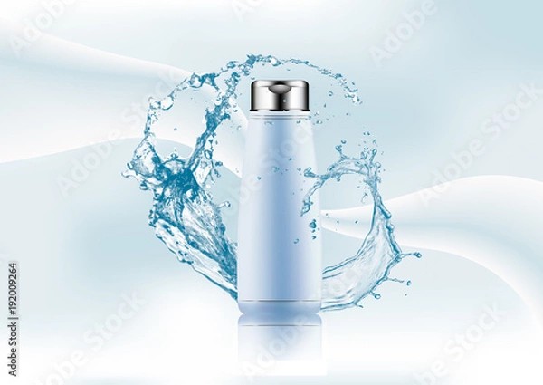 Fototapeta Advertising magazine page,Splash of water,realistic plastic package for cosmetic products tube,bottle for gel,shampoo,hair balm on abstract stylish gradient background.Vector illustration.