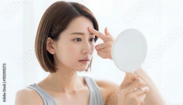 Obraz 手鏡を持ち額の肌状態をチェックする若い女性