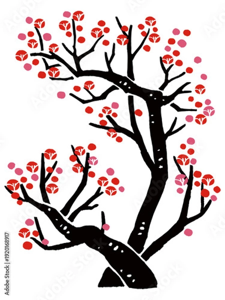 Obraz 版画風・枝付き梅のベクターイラスト｜和風ボタニカルアート背景・季節デザイン素材