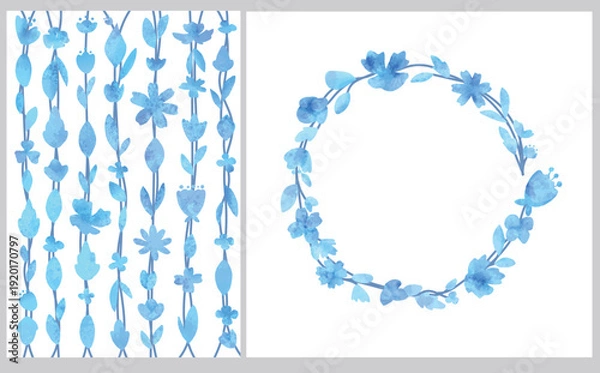 Obraz 鮮やかで繊細な青い花のカードデザインとフレームデザインのセット