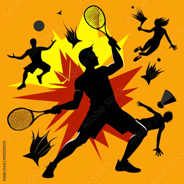Obraz Badminton Smash Action Silhouette with Explosive Background Vector