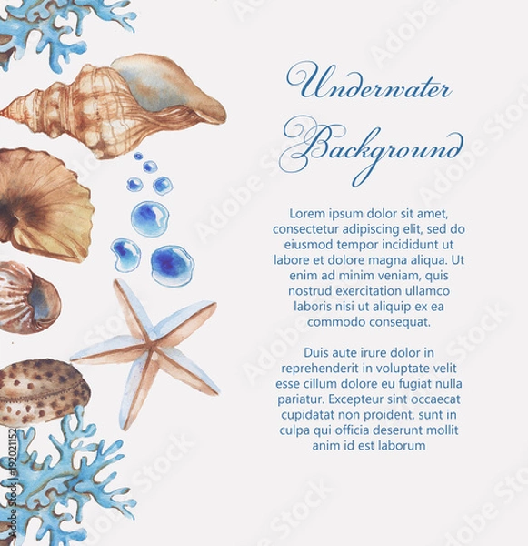 Fototapeta Hand-drawn watercolor underwater background. Tender frame with marine objects. Sea template for greeting card, wedding invitation, advertisement, banner, poster, flyer.