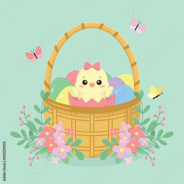 Obraz Easter basket filled with colourful eggs and cute hatched chick. Easter holiday element. Happy Easter vector illustration.