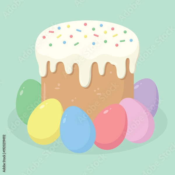 Obraz Easter cake with icing and coloured eggs around. Easter holiday elements. Happy Easter vector illustration.
