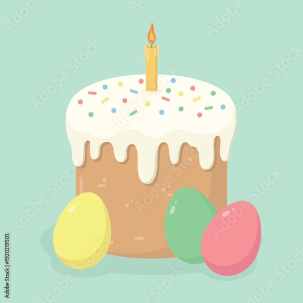 Obraz Easter cake with icing, candle, and coloured eggs. Easter holiday elements. Happy Easter vector illustration.