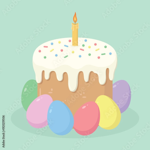 Obraz Easter cake with icing, candle, and coloured eggs around. Easter holiday elements. Happy Easter vector illustration.