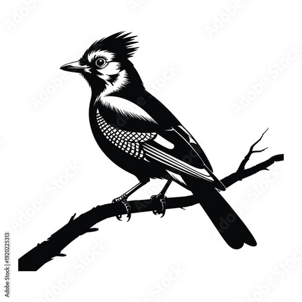 Obraz Jay perched on branch side view Vector, Silhouette, Illustration