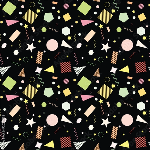 Obraz Memphis style seamless pattern with geometric shapes on black background