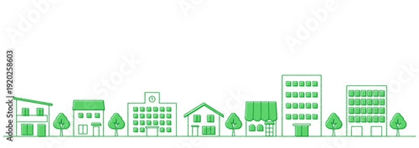 Fototapeta 街並みのイラストのバナー背景　手描き風　横長　緑